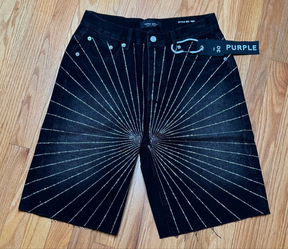 NWT Purple Brand Rhinestone Sunburst Denim Shorts Black - Size 30